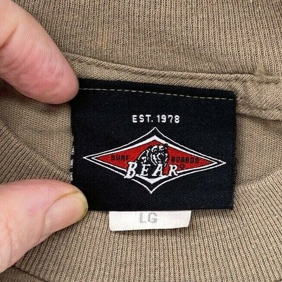 Bear Surf Shirt Mens Large Logo Vintage 1990's Surf  Graphic California Khaki - Picture 3 of 9